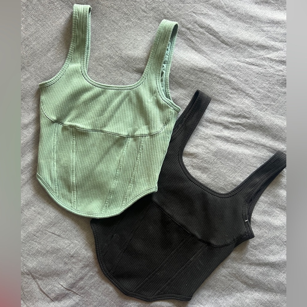 PINK VS Ribbed Corset Crop Tank Bundle Black & Sage Size S